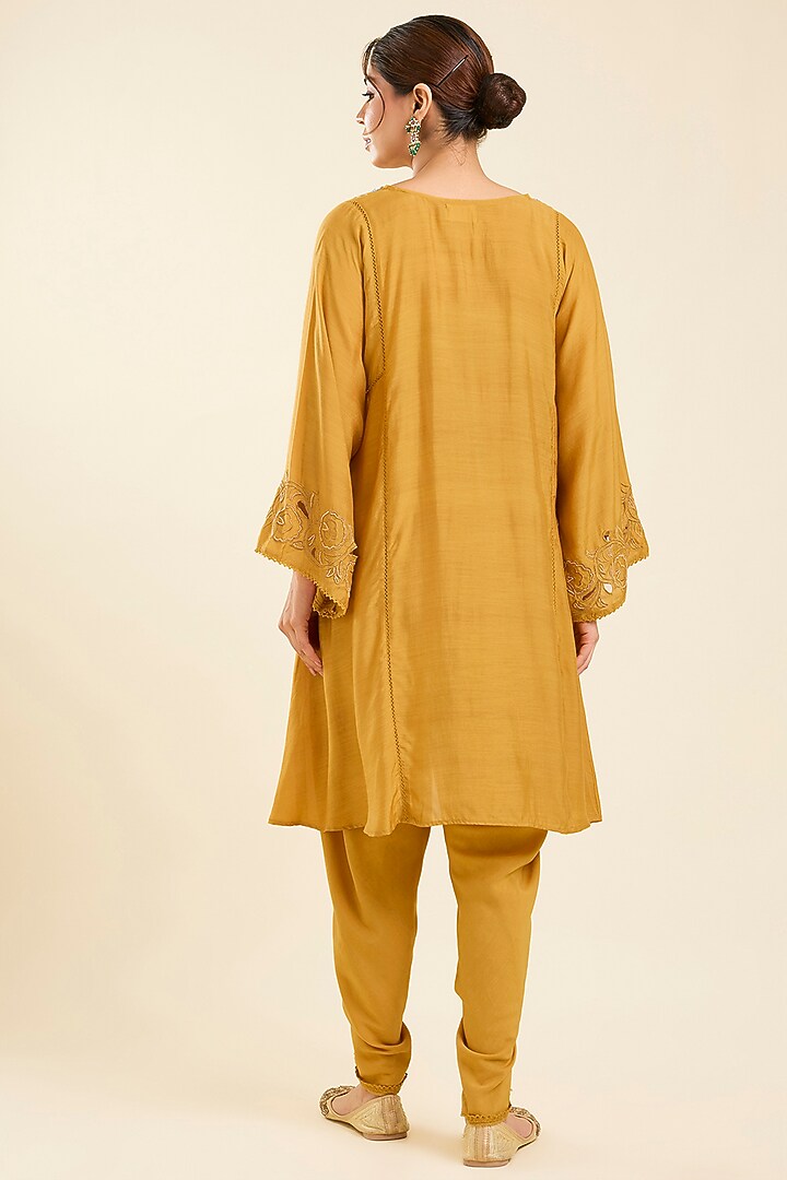 Yellow Viscose Silk Embroidered Kurta Set by Kalista at Pernia's Pop Up Shop