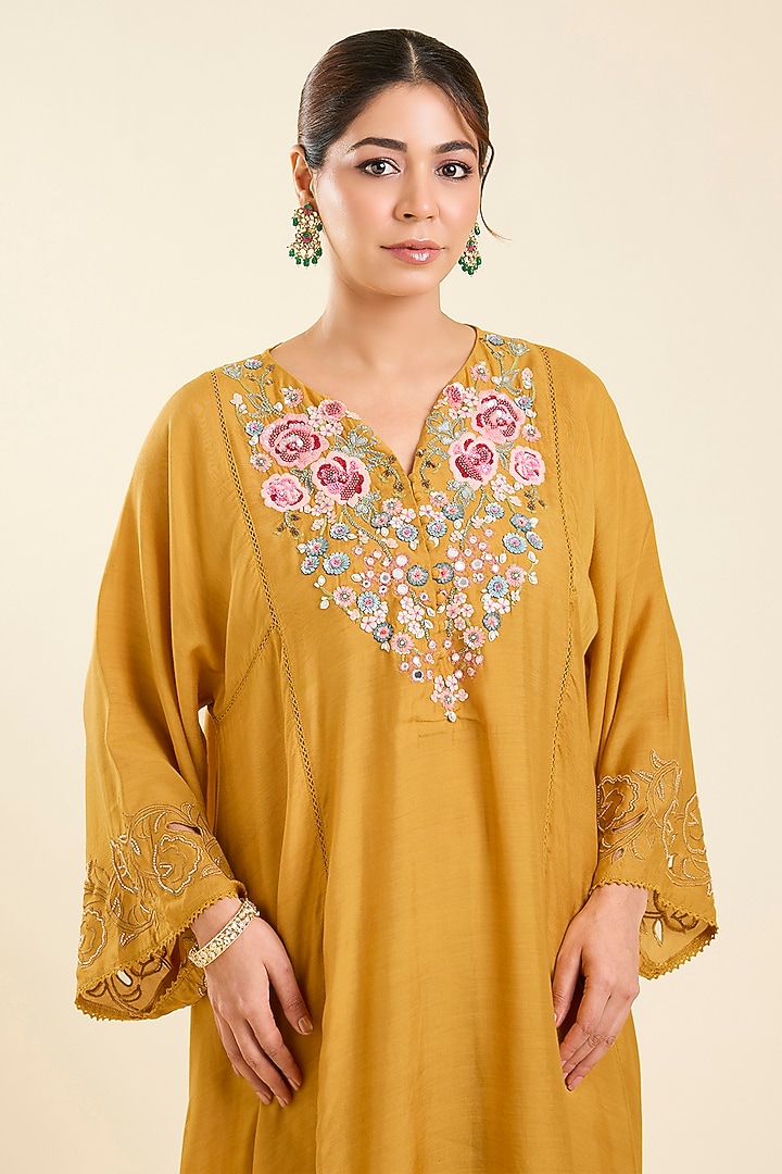 Yellow Viscose Silk Embroidered Kurta Set by Kalista at Pernia's Pop Up Shop