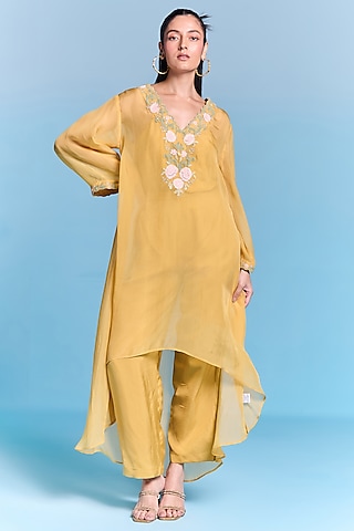Amber Yellow Organza Floral Embroidered Kaftan Set by Kalista