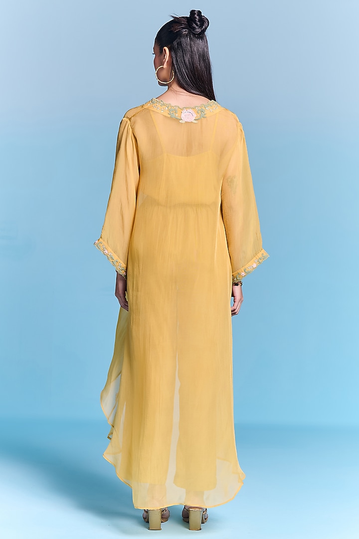 Amber Yellow Organza Floral Embroidered Kaftan Set by Kalista at Pernia's Pop Up Shop