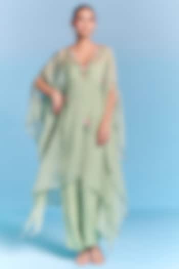 Mint Green Organza Floral Embroidered Kaftan Set by Kalista at Pernia's Pop Up Shop
