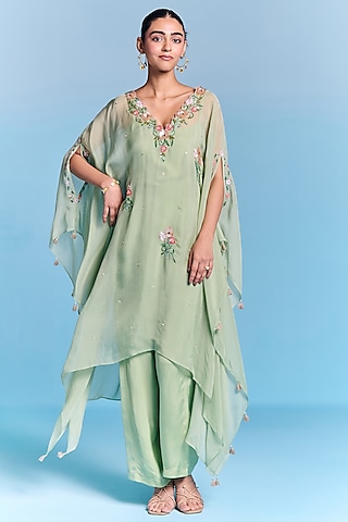 Mint Green Organza Floral Embroidered Kaftan Set by Kalista
