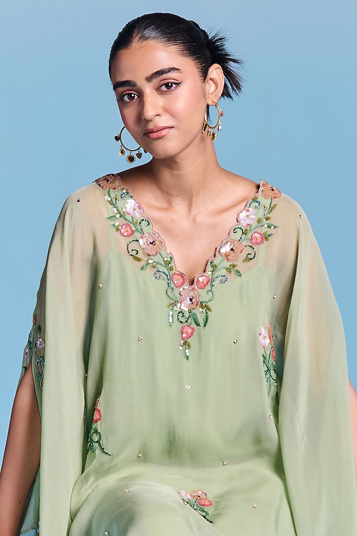 Mint Green Organza Floral Embroidered Kaftan Set by Kalista at Pernia's Pop Up Shop