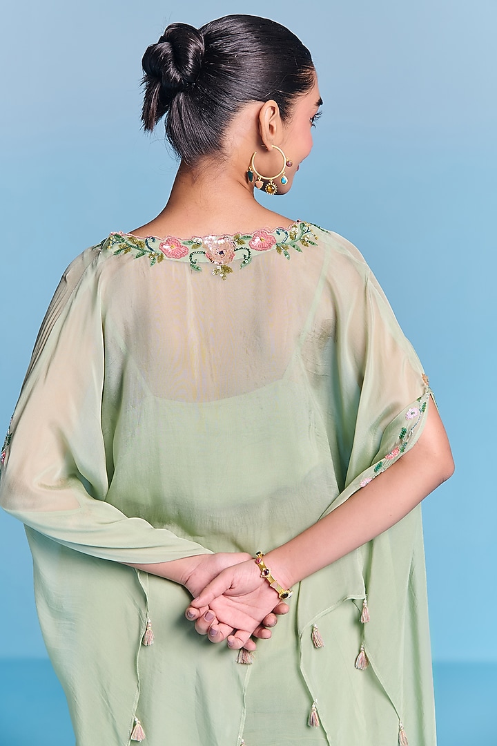 Mint Green Organza Floral Embroidered Kaftan Set by Kalista at Pernia's Pop Up Shop