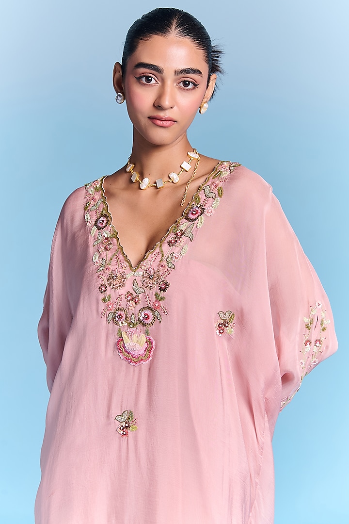 Powder Pink Organza Floral Embroidered Kaftan Set by Kalista at Pernia's Pop Up Shop