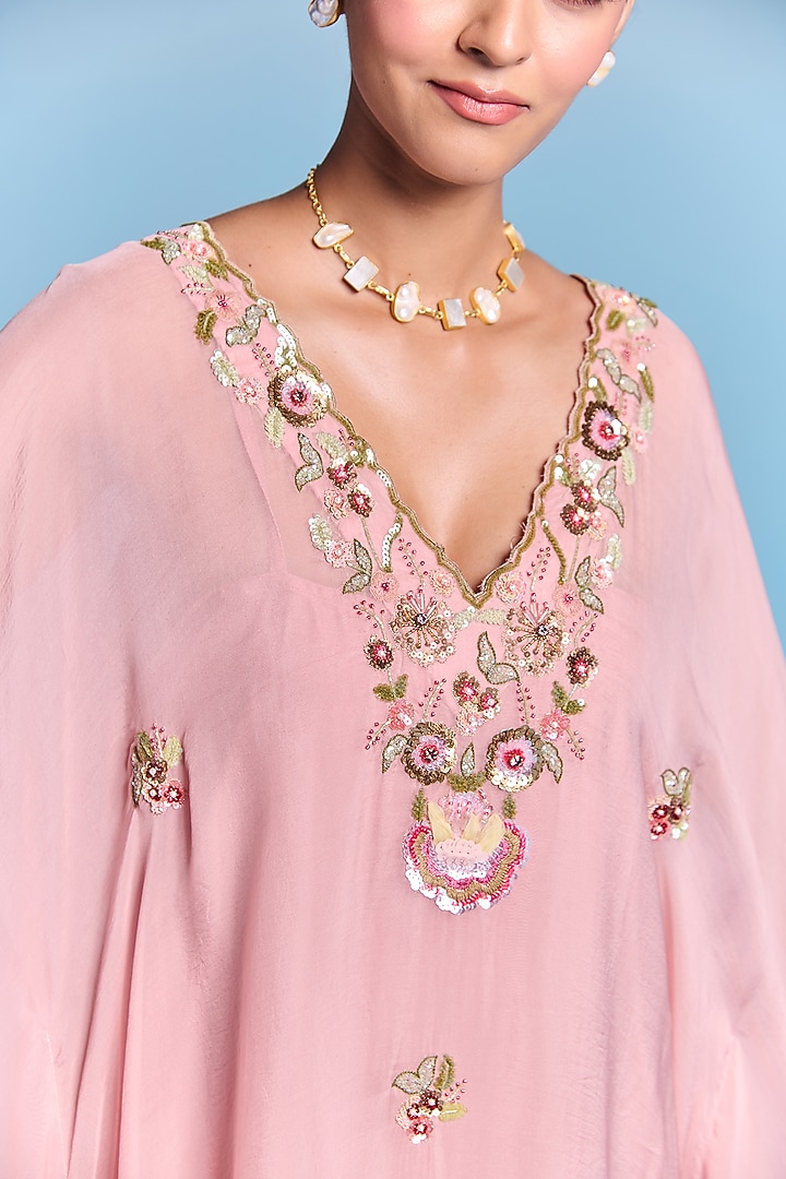 Powder Pink Organza Floral Embroidered Kaftan Set by Kalista at Pernia's Pop Up Shop