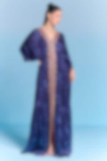 Royal Blue Viscose Satin Sequins Embroidered Kaftan Set by Kalista at Pernia's Pop Up Shop
