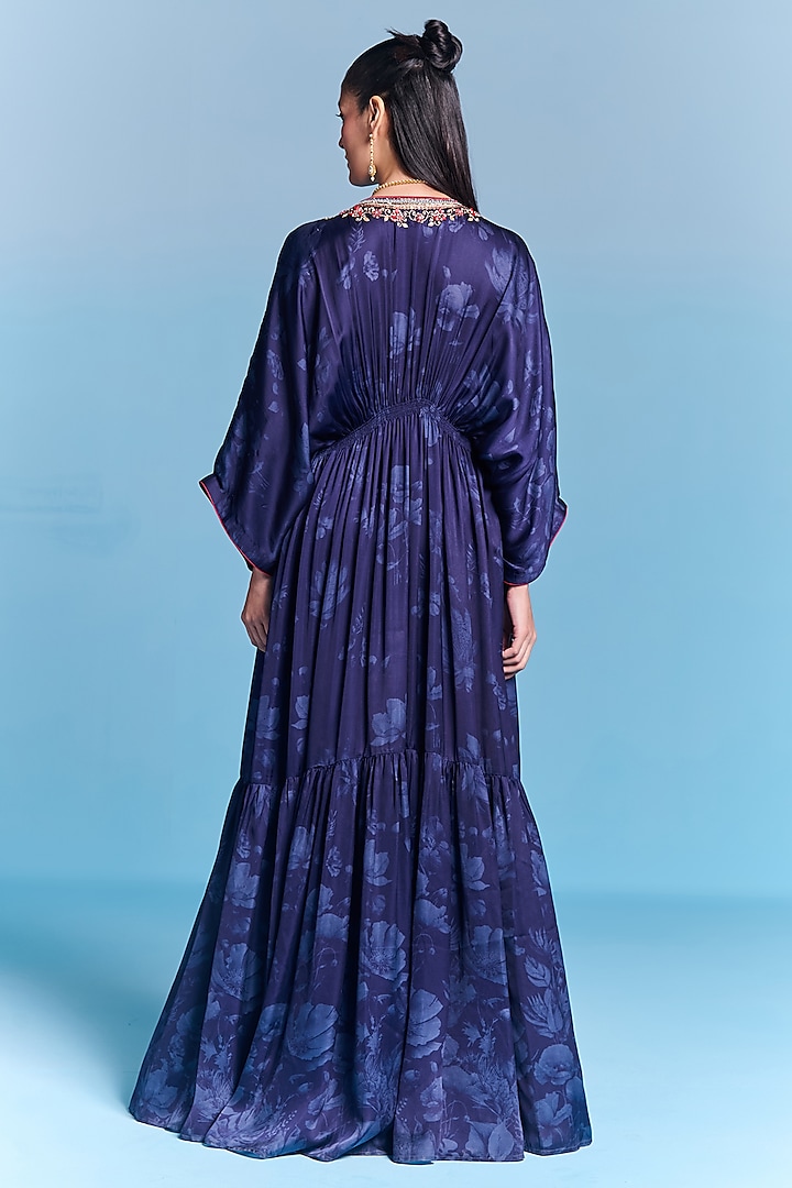 Royal Blue Viscose Satin Sequins Embroidered Kaftan Set by Kalista at Pernia's Pop Up Shop