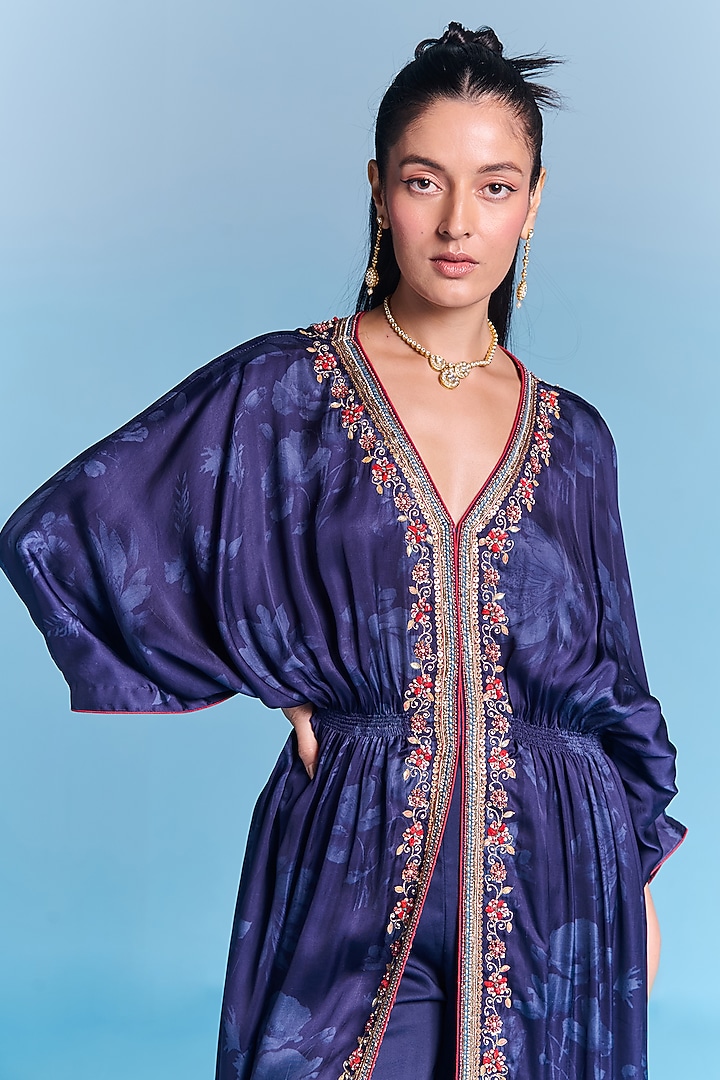 Royal Blue Viscose Satin Sequins Embroidered Kaftan Set by Kalista at Pernia's Pop Up Shop