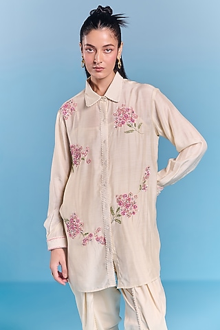 Cream Silk Floral Embroidered Shirt by Kalista