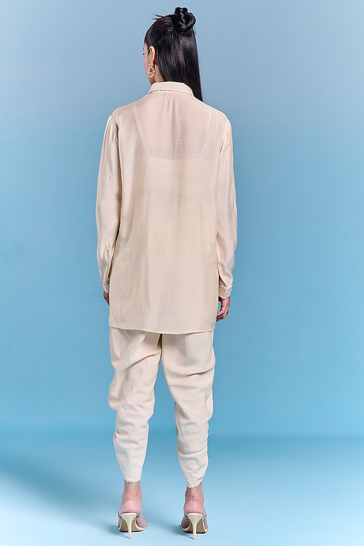 Cream Silk Floral Embroidered Shirt by Kalista at Pernia's Pop Up Shop