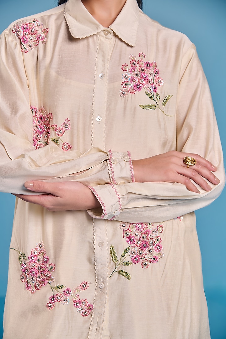 Cream Silk Floral Embroidered Shirt by Kalista at Pernia's Pop Up Shop