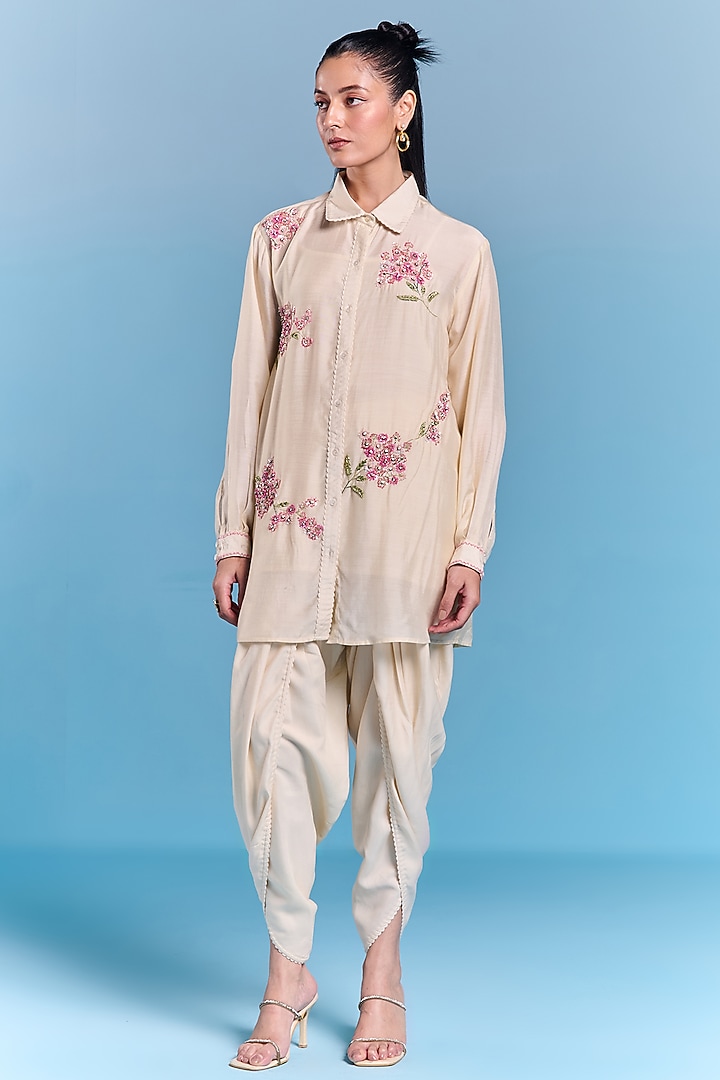 Cream Silk Floral Embroidered Shirt by Kalista at Pernia's Pop Up Shop