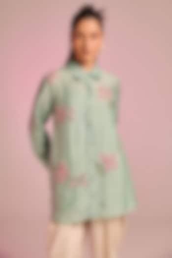 Aqua Silk Floral Embroidered Shirt by Kalista at Pernia's Pop Up Shop