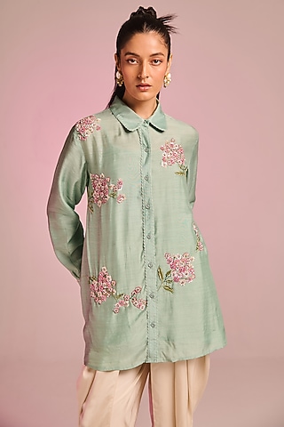 Aqua Silk Floral Embroidered Shirt by Kalista