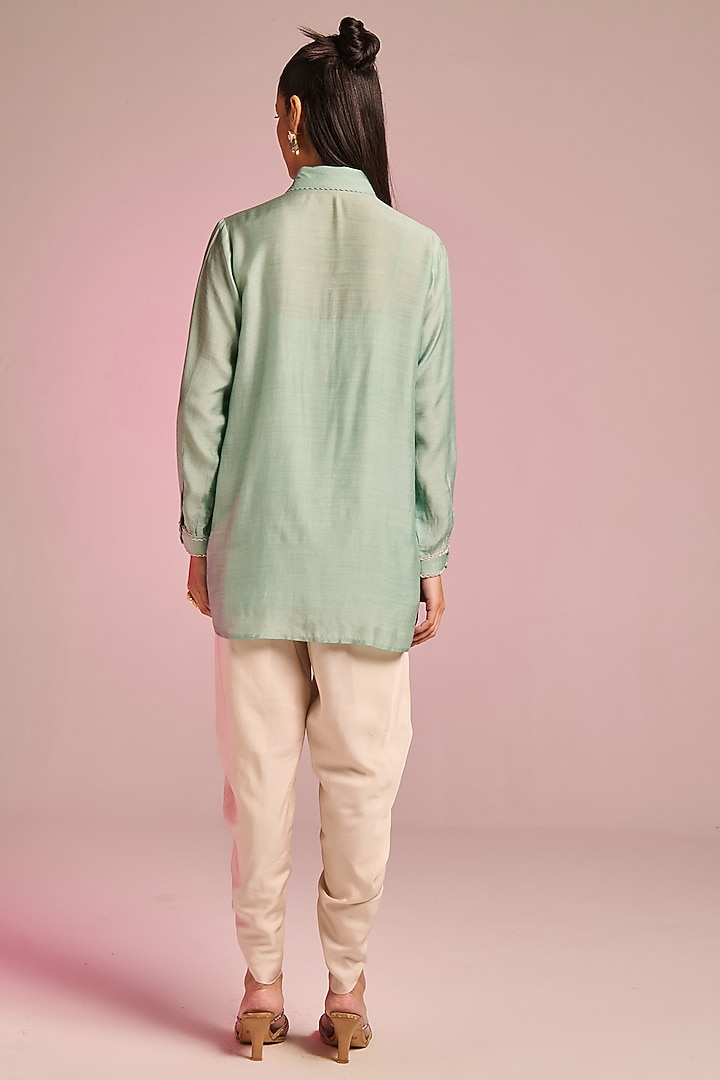 Aqua Silk Floral Embroidered Shirt by Kalista at Pernia's Pop Up Shop