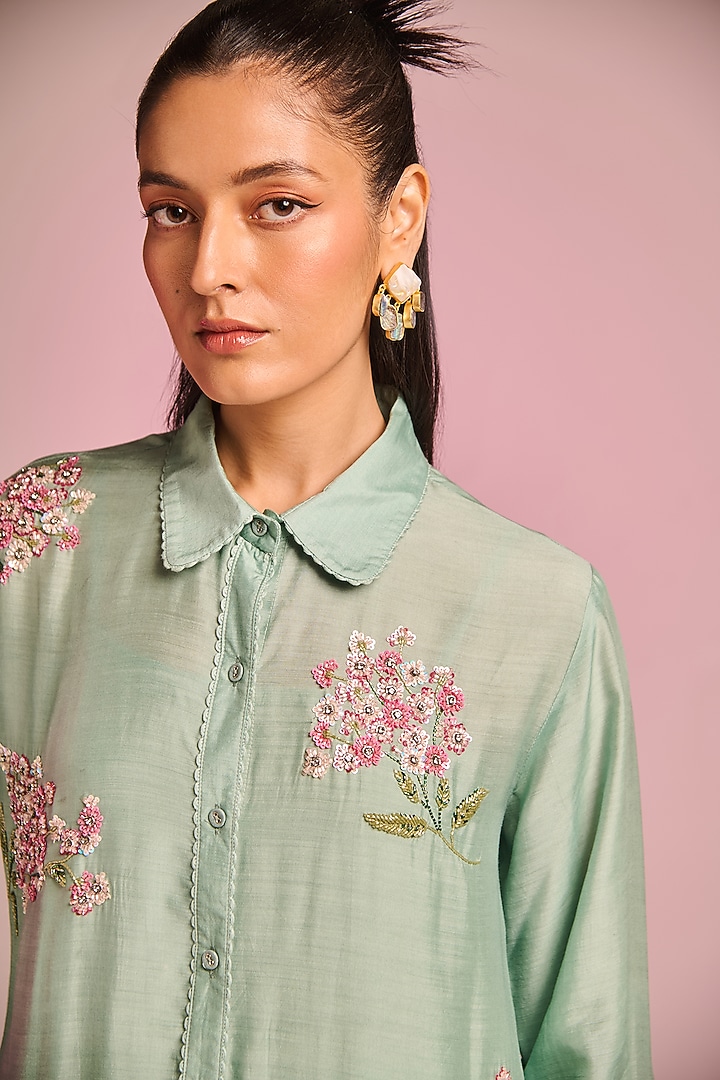 Aqua Silk Floral Embroidered Shirt by Kalista at Pernia's Pop Up Shop