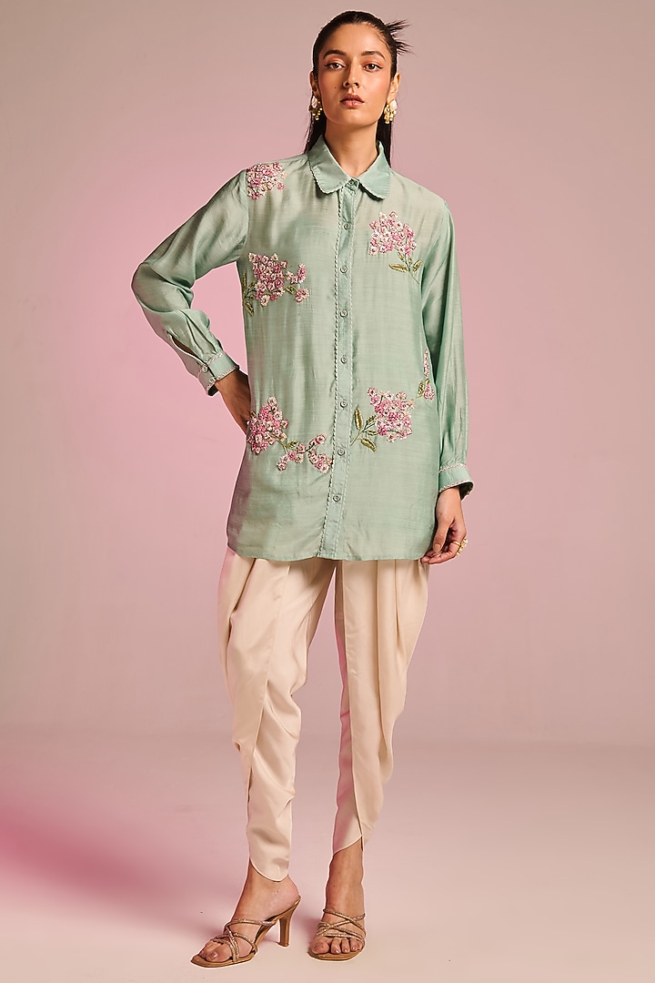 Aqua Silk Floral Embroidered Shirt by Kalista at Pernia's Pop Up Shop