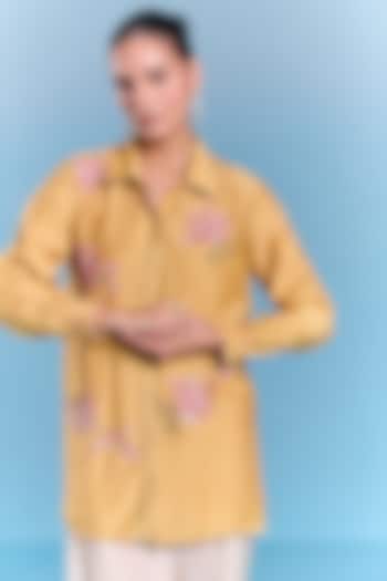 Mustard Yellow Silk Floral Embroidered Shirt by Kalista at Pernia's Pop Up Shop