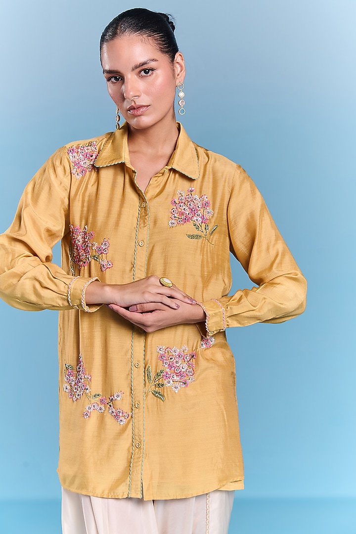Mustard Yellow Silk Floral Embroidered Shirt by Kalista at Pernia's Pop Up Shop