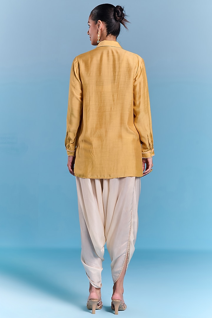 Mustard Yellow Silk Floral Embroidered Shirt by Kalista at Pernia's Pop Up Shop