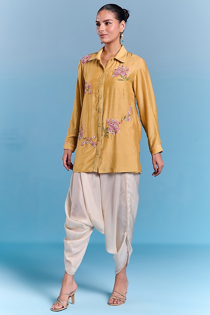 Mustard Yellow Silk Floral Embroidered Shirt by Kalista at Pernia's Pop Up Shop