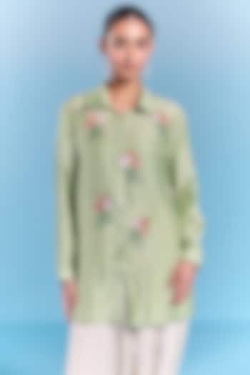 Mint Green Silk Floral Embroidered Shirt by Kalista at Pernia's Pop Up Shop