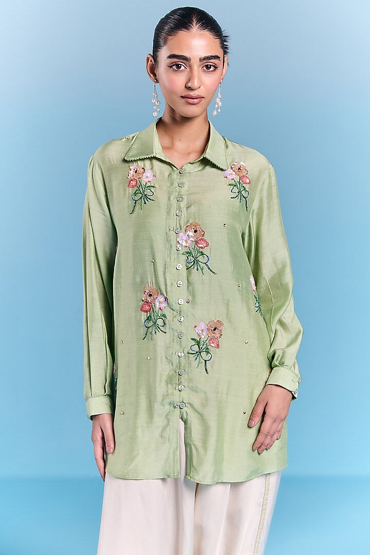 Mint Green Silk Floral Embroidered Shirt by Kalista at Pernia's Pop Up Shop