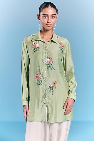 Mint Green Silk Floral Embroidered Shirt by Kalista