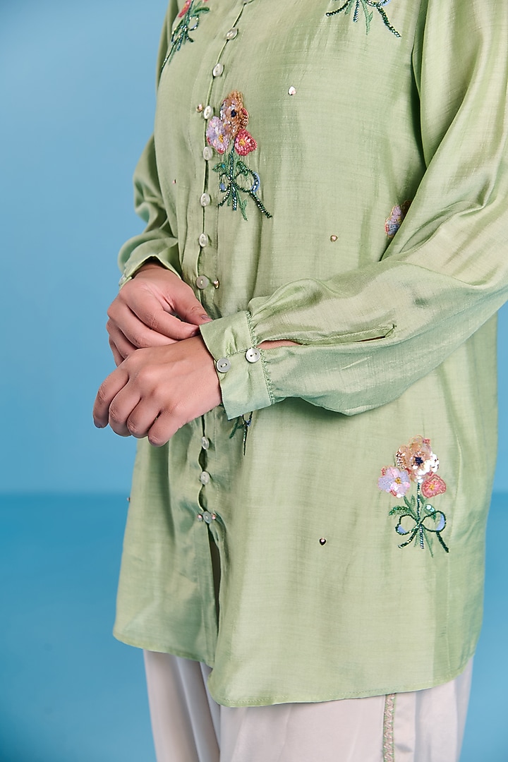 Mint Green Silk Floral Embroidered Shirt by Kalista at Pernia's Pop Up Shop
