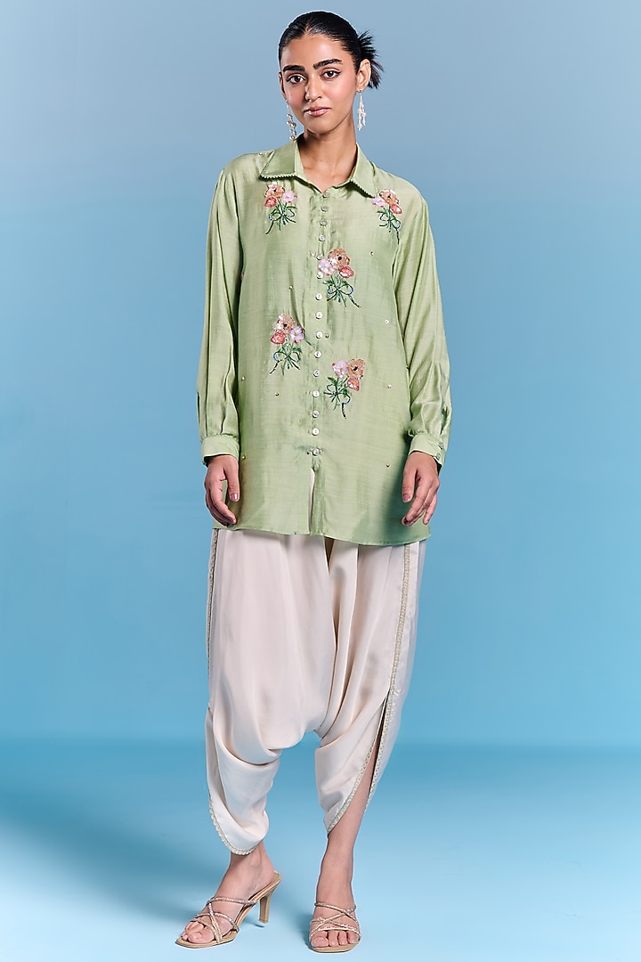 Mint Green Silk Floral Embroidered Shirt by Kalista at Pernia's Pop Up Shop