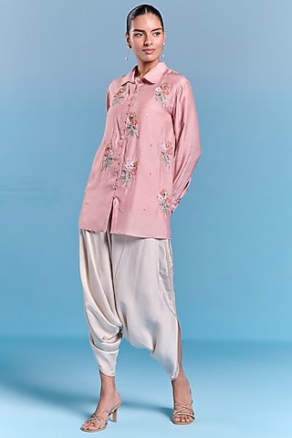 Powder Pink Silk Floral Embroidered Shirt by Kalista