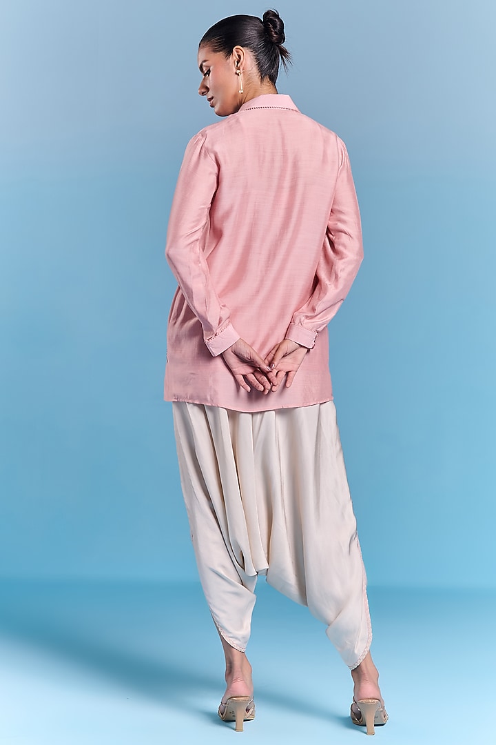 Powder Pink Silk Floral Embroidered Shirt by Kalista at Pernia's Pop Up Shop
