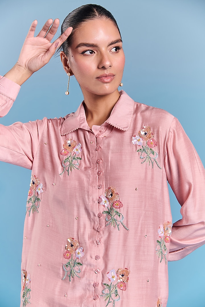 Powder Pink Silk Floral Embroidered Shirt by Kalista at Pernia's Pop Up Shop