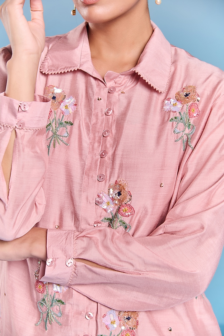 Powder Pink Silk Floral Embroidered Shirt by Kalista at Pernia's Pop Up Shop