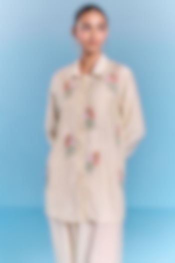 Cream Silk Floral Embroidered Shirt by Kalista at Pernia's Pop Up Shop