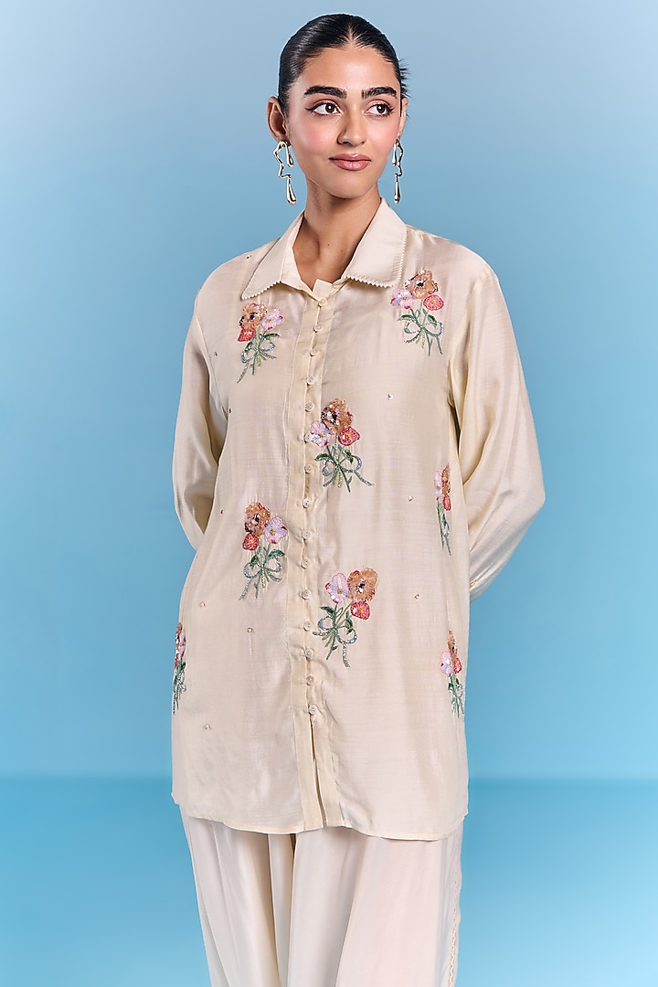 Cream Silk Floral Embroidered Shirt by Kalista at Pernia's Pop Up Shop