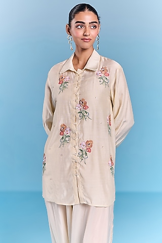 Cream Silk Floral Embroidered Shirt by Kalista