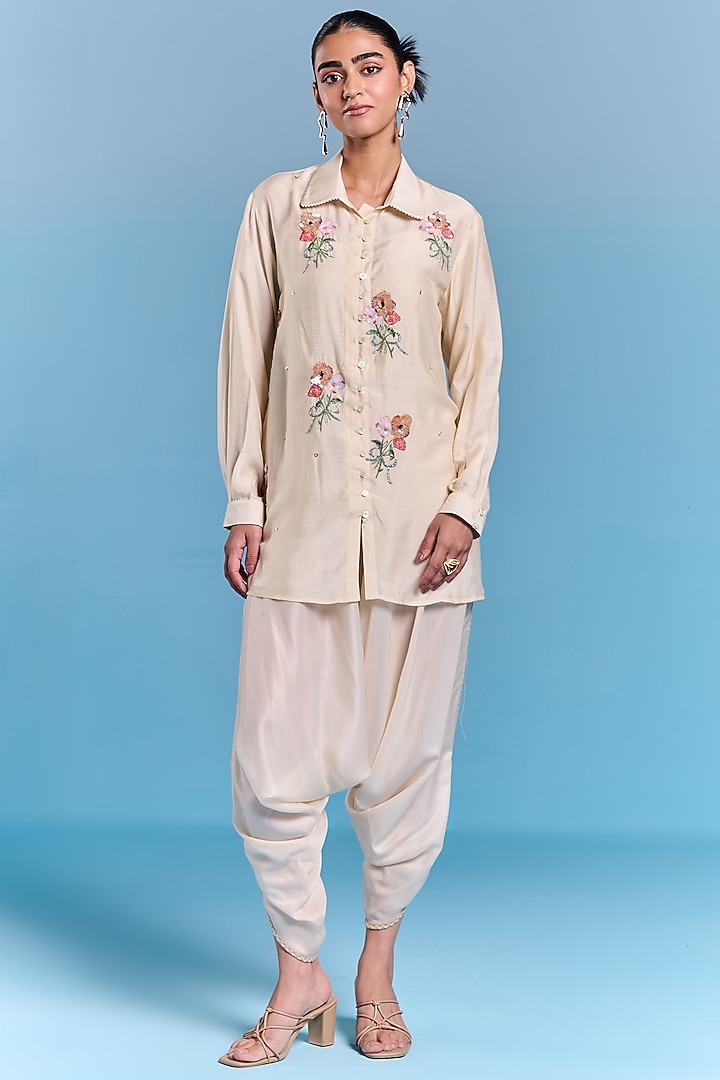 Cream Silk Floral Embroidered Shirt by Kalista at Pernia's Pop Up Shop