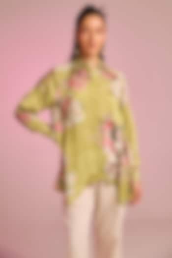 Light Olive Green Satin Floral Printed Shirt Tunic by Kalista at Pernia's Pop Up Shop