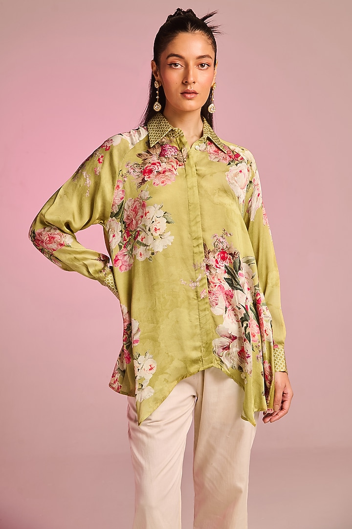 Light Olive Green Satin Floral Printed Shirt Tunic by Kalista at Pernia's Pop Up Shop