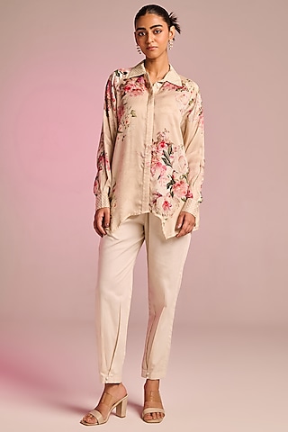 Cream Satin Floral Printed Shirt Tunic by Kalista