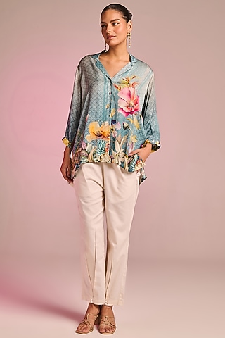 Aqua Satin Floral Printed Asymmetric Tunic by Kalista