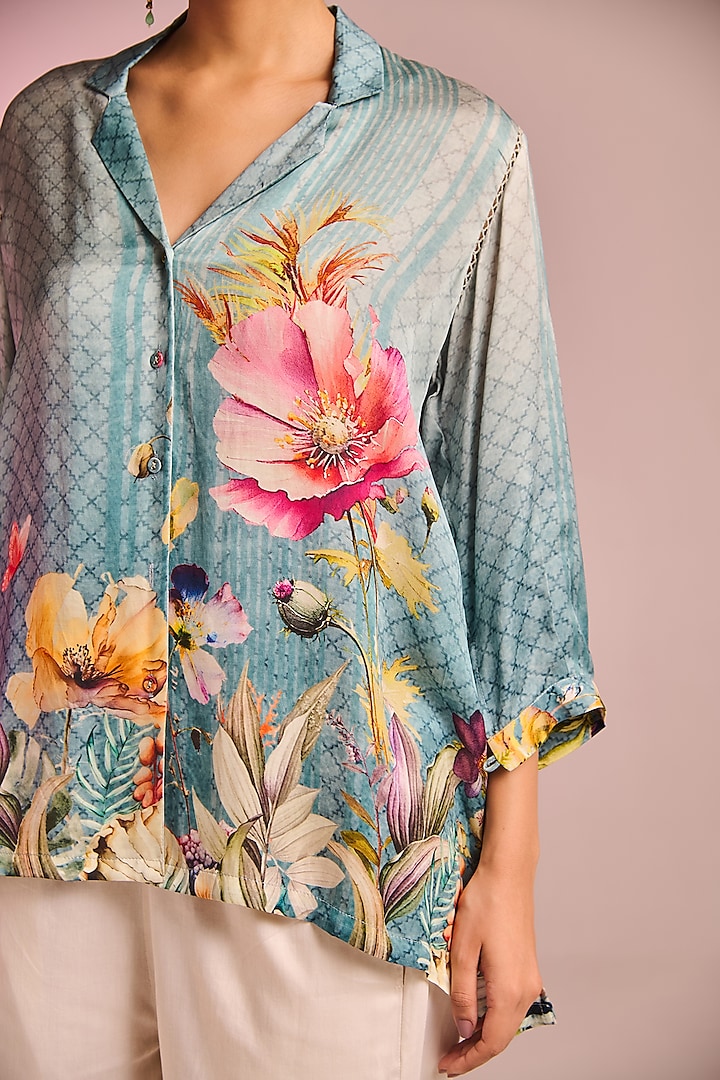 Aqua Satin Floral Printed Asymmetric Tunic by Kalista at Pernia's Pop Up Shop
