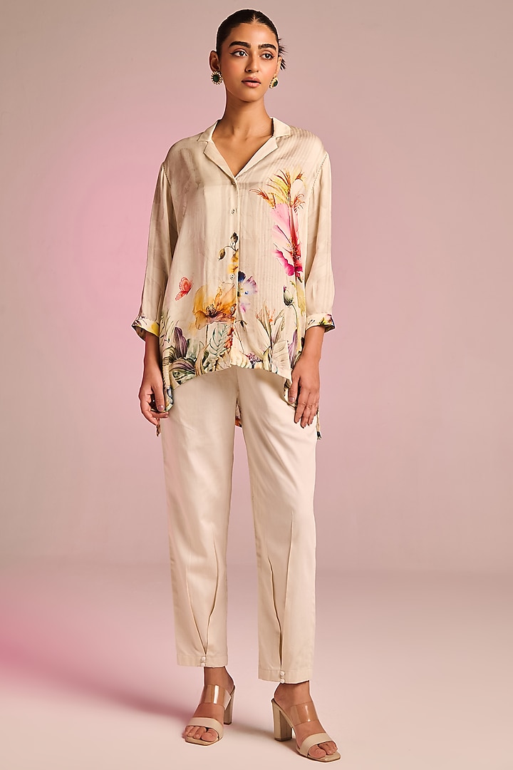 Cream Satin Floral Printed Asymmetric Tunic by Kalista at Pernia's Pop Up Shop