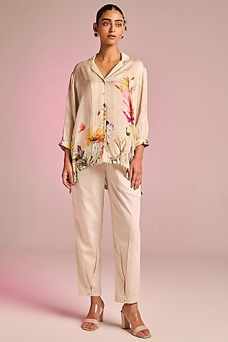 Cream Satin Floral Printed Asymmetric Tunic by Kalista