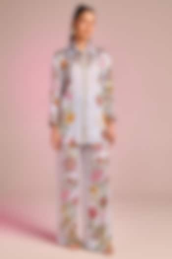 Powder Blue Satin Floral Printed Button-Down Shirt by Kalista at Pernia's Pop Up Shop