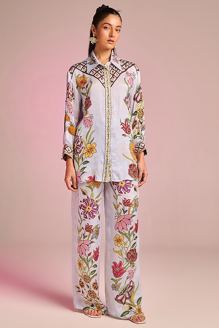 Powder Blue Satin Floral Printed Button-Down Shirt by Kalista at Pernia's Pop Up Shop