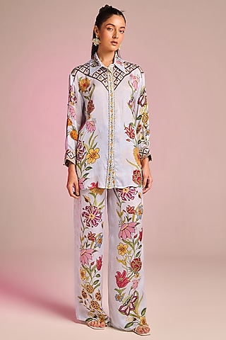 Powder Blue Satin Floral Printed Button-Down Shirt by Kalista