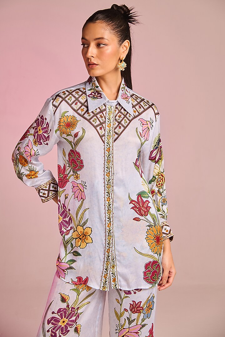 Powder Blue Satin Floral Printed Button-Down Shirt by Kalista at Pernia's Pop Up Shop